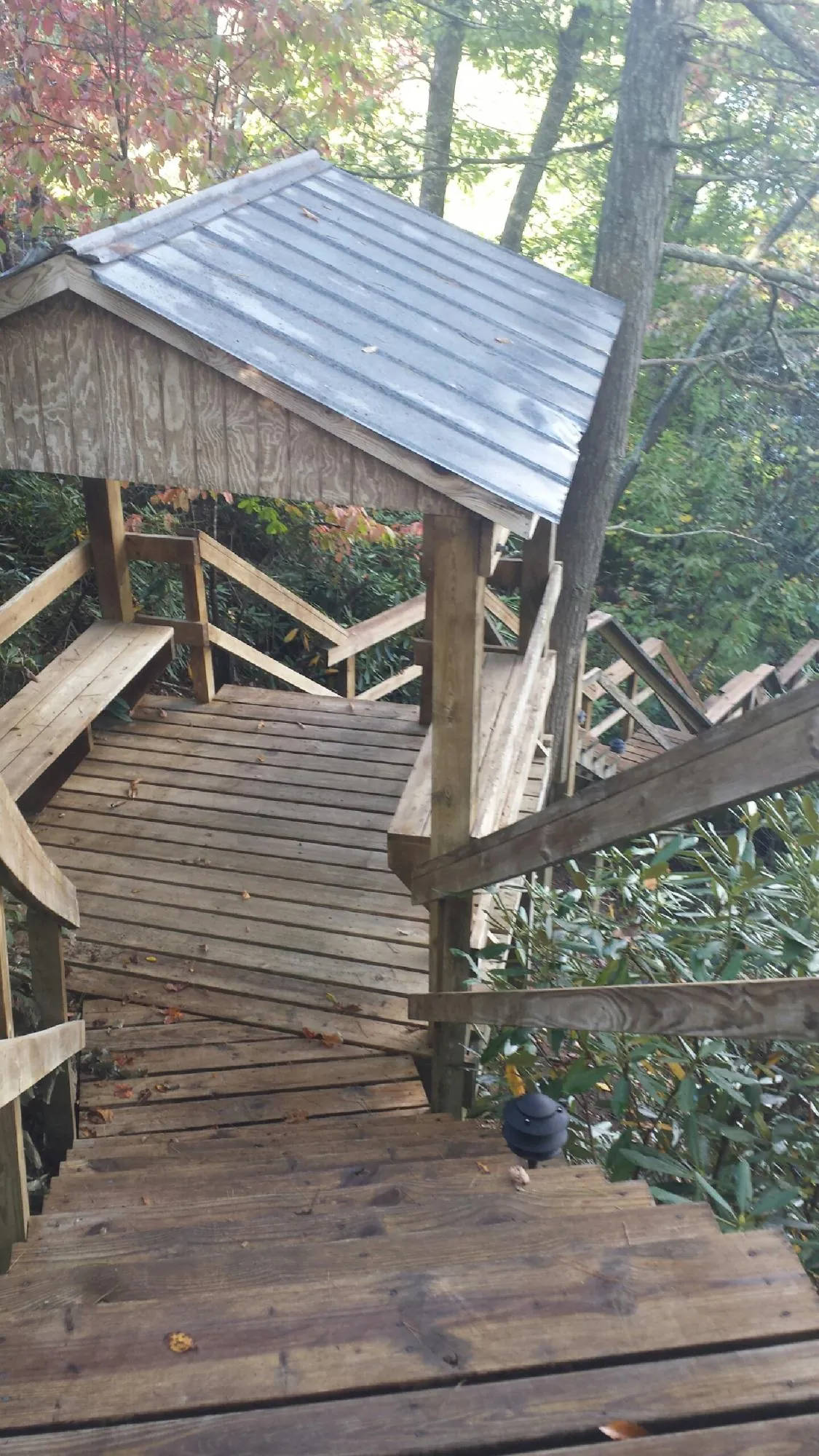 Metal roofed shelter over wooden steps on a wooded walkway — Skylight Repair & Installation work by our crew in Cle Elum